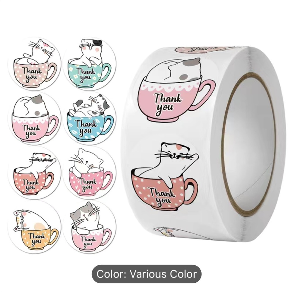 NWT Cat in Mug 500 Thank You Stickers